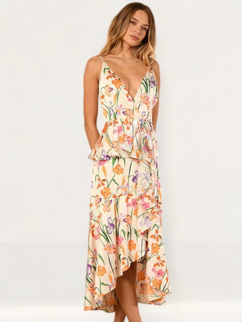 Hutch Cream Floral Hollis Wrap High-Low Maxi Dress - Large NWOT